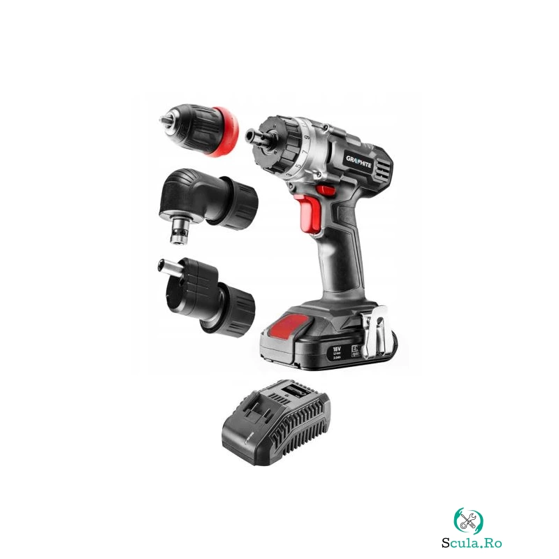 Masina de gaurit, insurubat (bormasina), cu acumulator 2 Ah, incarcator 18V Li-ion, 3 mandrine detasabile, 10 mm, Graphite Energy
