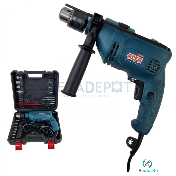 Bormasina de impact cu accesorii ALFA, 1100W, mandrina pana la 13mm