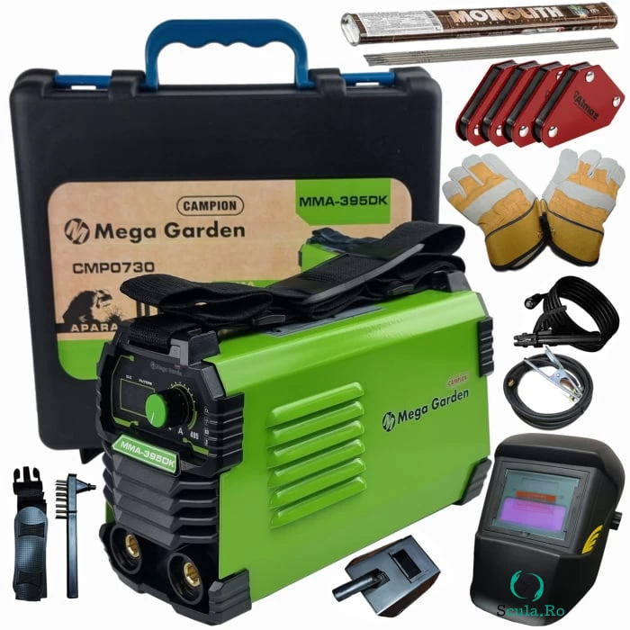 Pachet Aparat de sudura tip invertor MegaGarden MMA 395DK, Masca automata, Palmari, Electrozi, 4 Magneti, 405Ah, cablu 3 metri, Accesorii Incluse,Cutie de Transport la 507.00 lei ron