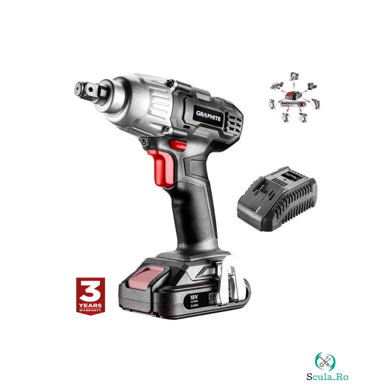 Masina de insurubat, de impact, cu acumulator 2 Ah, incarcator 18 V Li-ion, 180 Nm, 1/2", Graphite Energy