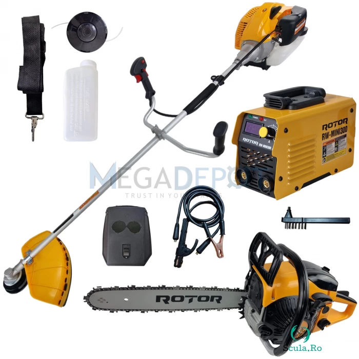 Pachet Motocositoare + Motofierastrau + Aparat de sudura Rotor, 5.8CP, 300Ah, toate accesoriile incluse la 1,097.00 lei ron