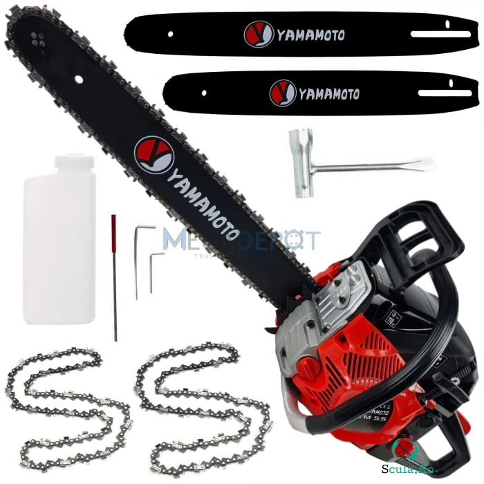 Motofierastrau pe benzina YAMAMOTO YM 5.5, 5.5CP, 2 lame 40-45cm, 2 lanturi 32-36 dinti, consum redus la 470.00 lei ron