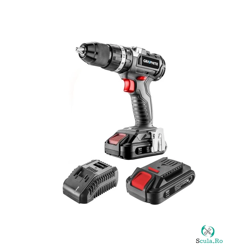 Masina de gaurit, insurubat (bormasina), cu acumulator 2 Ah, incarcator 18V Li-ion, cu percutie, fara perii, mandrina automata 2-13 mm + CADOU acumulator 2 Ah, Graphite Energy
