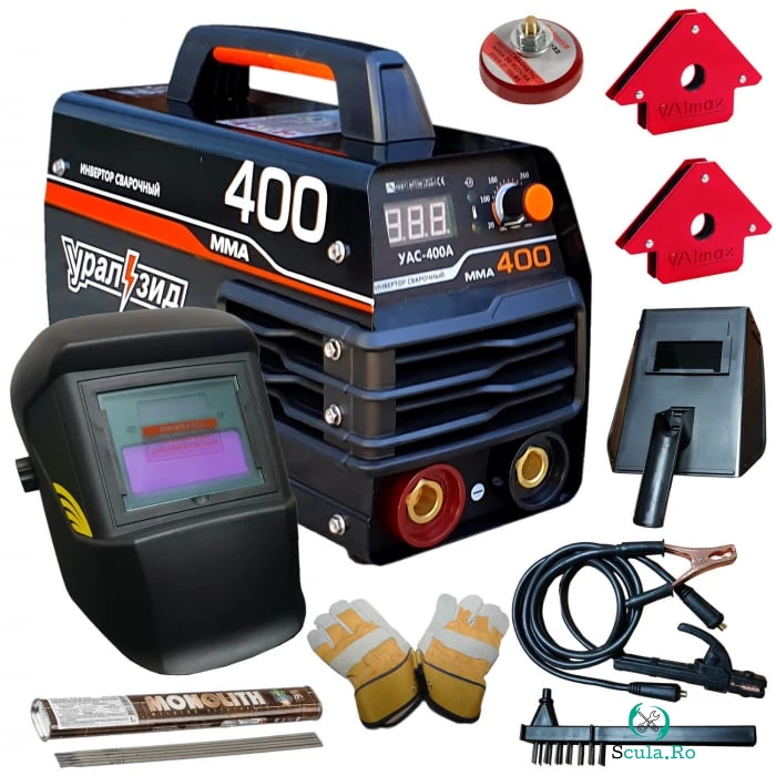 Pachet Aparat de sudura invertor UralZId Profesional MMA 400, Masca automata, Suporti Magnetici, Palmari, Electrozi la 690.00 lei ron