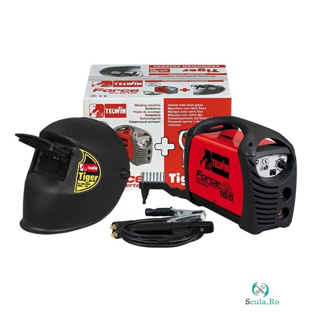 Invertor sudura MMA Telwin FORCE165ACXM_N, 150 A, electrozi 1.6-4 mm, masca TIGER, cu accesorii
