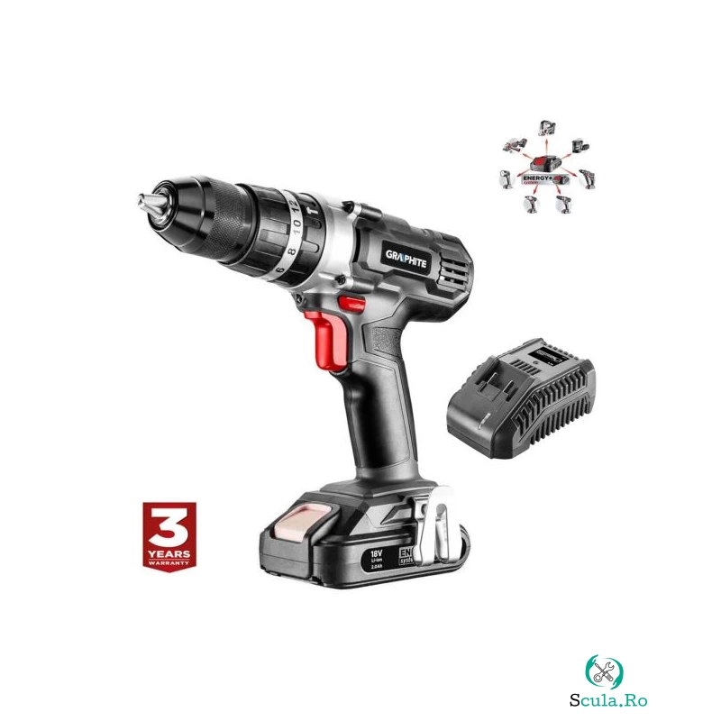 Masina de gaurit si insurubat (bormasina) Graphite Energy, Cu percutie, Acumulator 2 Ah, Incarcator, 18 V Li-ion, Mandrina 2-13 mm
