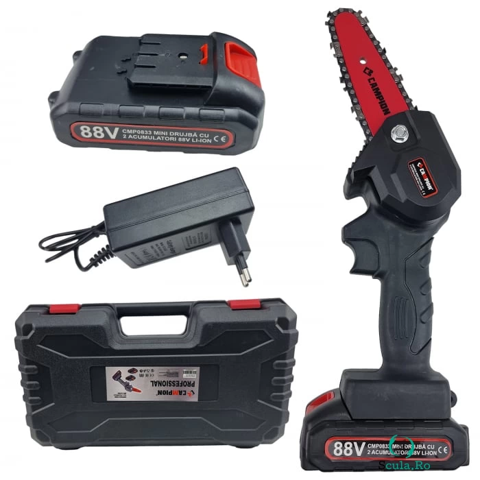 Mini fierastrau cu lant electric CAMPION Profesional 48V SuperPower, 2 acumulatori 2000mAh, incarcator, geanta de transport
