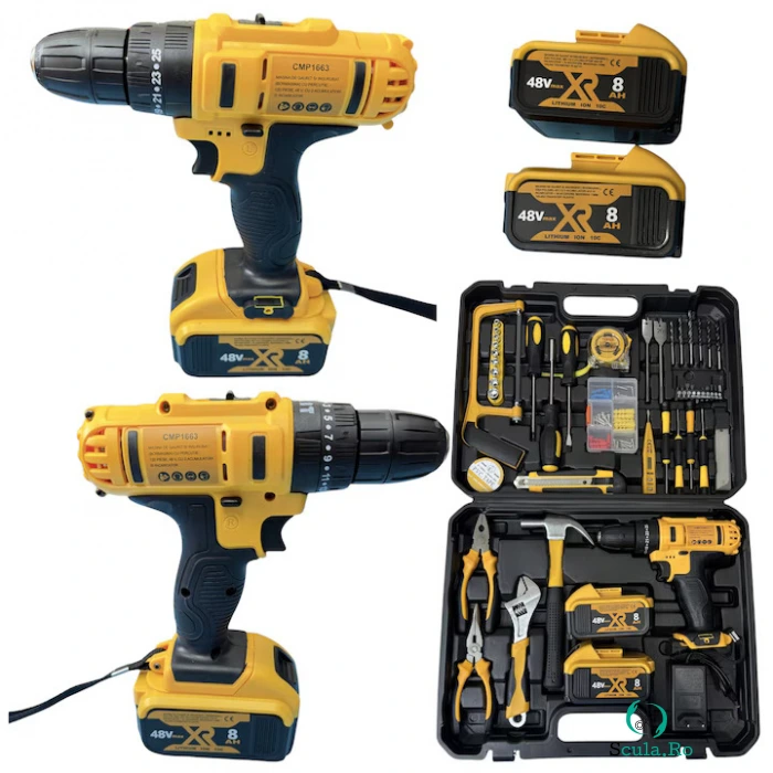 Masina de gaurit si insurubat (bormasina) 48V 8Ah, 2 acumulatori, 120 accesorii incluse + Geanta de transport la 199.00 lei ron