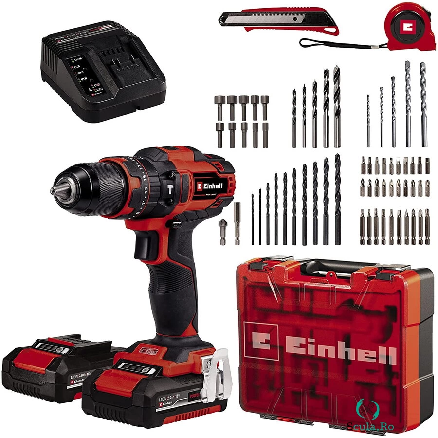 Einhell Masina de gaurit / insurubat Einhell Power X-Change TE-CD 18/40 Li-i +64 (2x2,0Ah), 18 V, 2 acumulatori 2 Ah inclus, 40 Nm, 21 trepte, mandrina 13 mm, 2 viteze, 64 piese