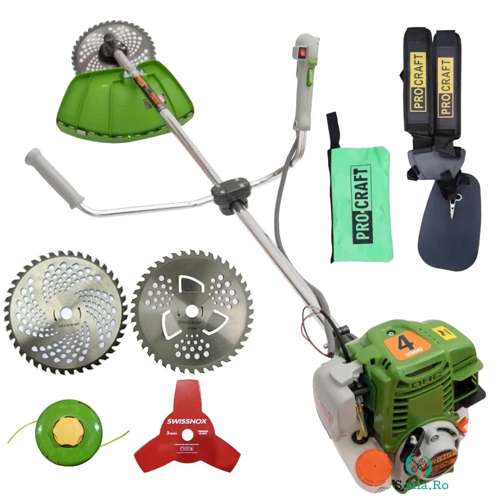 Motocoasa 4 timpi ProCraft T5600, 6.3CP, 9000RPM, 4 Tipuri de taiere, Ham dublu la 693.00 lei ron