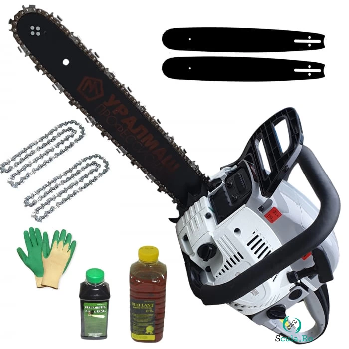 Pachet motofierastrau ( drujba ) UralMash, Rusia, 6CP, 2 Lame, 2 Lanturi, Frana Demaror Magneziu la 686.00 lei ron