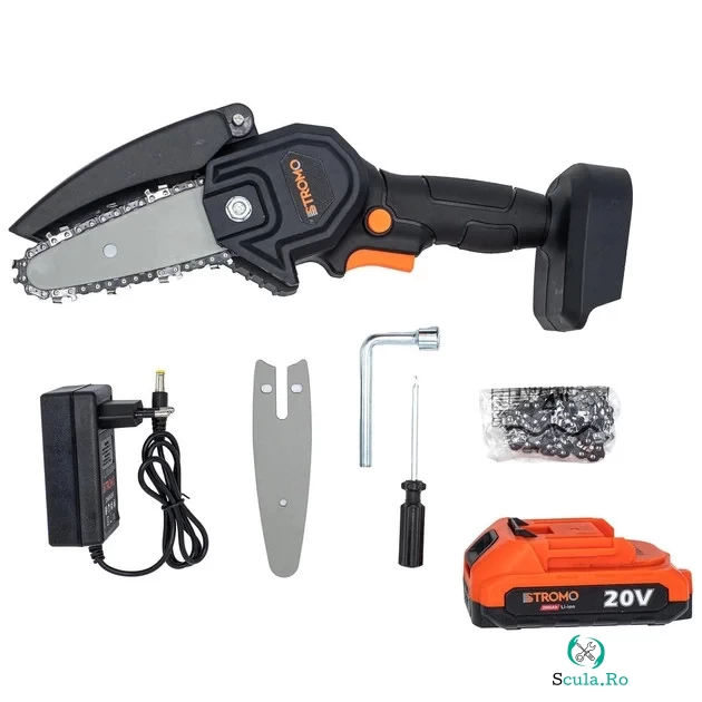 Mini fierastrau cu lant pe acumulator Stromo, 20V 2Ah, 4000RPM, Lungime lama 4