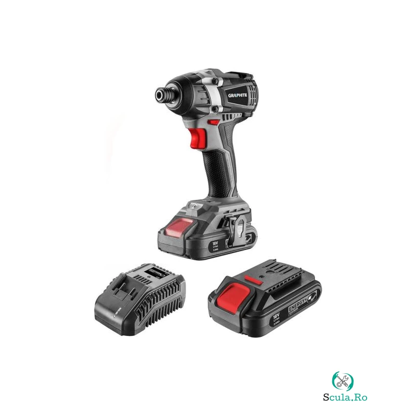 Masina de insurubat, de impact, 18V Li-ion, cu acumulator 2 Ah, incarcator, fara perii, 200 Nm, 1/4" + CADOU acumulator 2 Ah, Graphite Energy